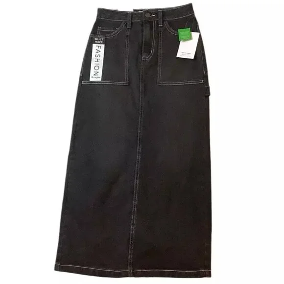 New LOVE FIRE Cargo Denim Maxi Jean Skirt Black Size 0 Love Fire Back Slit Tags - Picture 1 of 9